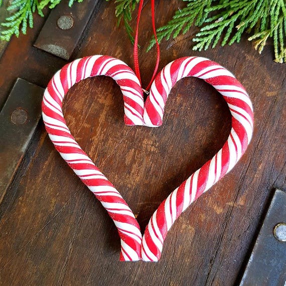 Scandi Candy Cane Heart Ornament, Red White Polymer Clay, Nordic Christmas Decoration