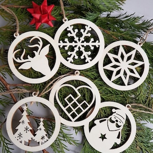 Set of six Danish Nordic Scandi wooden traditional craft Christmas tree ornaments