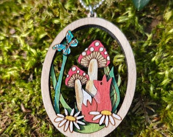 Handmade Nordic 3D layered cottagecore pendant - red white fairy tale woodland fly agaric toadstool mushrooms with fox, plus gift tin