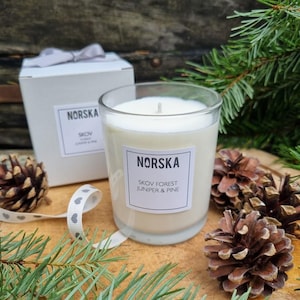 May include: A white candle in a clear glass jar with a white label that reads "Norska Skov Forest Juniper & Pine". The candle is surrounded by pine branches and pine cones.