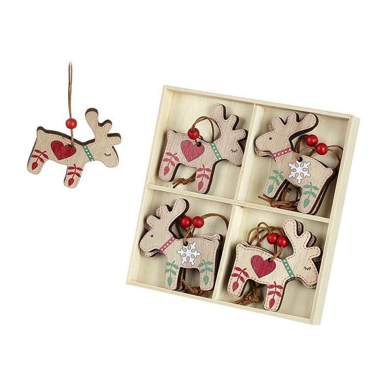 May include: A set of wooden reindeer ornaments in a divided wooden box. Each reindeer features a natural wood finish with painted red hearts or white snowflakes, green leaf accents, and a small red bead attached to a brown hanging string.
