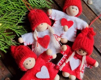 Set of 4 Danish Nisse Felt Christmas Ornaments, Scandi Elf Tree Decor (7cm)