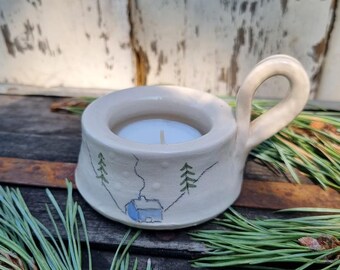 Hygge hand-thrown stoneware ceramic "Vinter" winter snowy cottage tealight candle holder