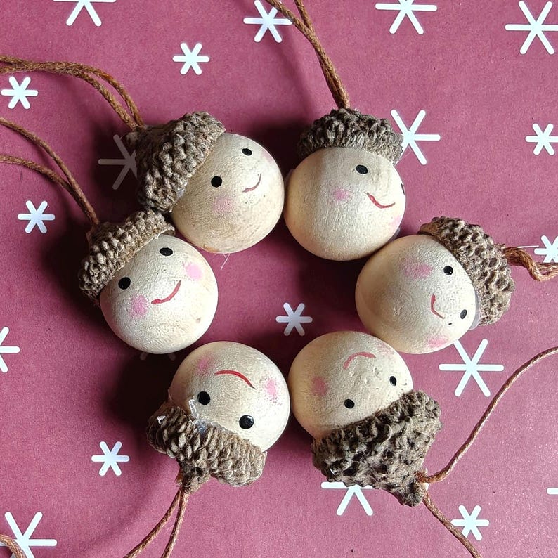 Nordic Wooden Acorn Pixie Ornament Set, Scandi Christmas Decor image 2