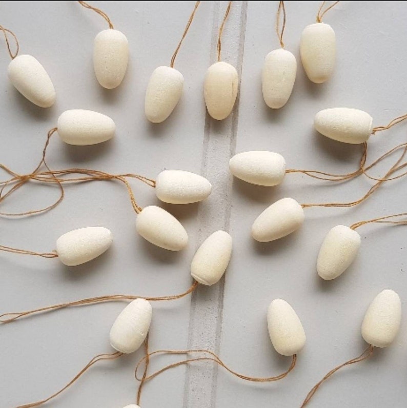 May include: A collection of 19 white, egg-shaped ornaments with string attached to each. The ornaments are hanging from a white surface.