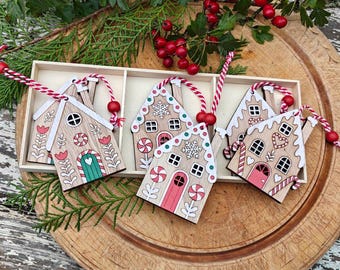 Wooden Gingerbread House Ornaments, Scandi Christmas Decor, Hygge Craft Shapes (Set of 6)