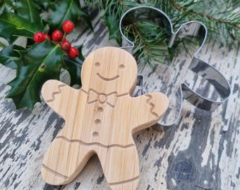 Gingerbread man wooden cookie stamp and metal cutter set, hand-made 10cm Scandi biscuit stamp, Christmas baking gift