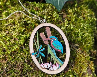 Handpainted wooden sustainable birch kingfisher waterlily wildlife wild bird layered 3D pendant with reusable gift tin