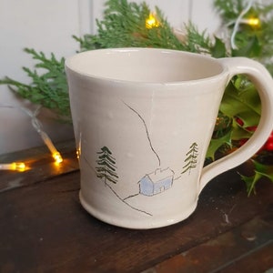 Hygge hand-thrown stoneware ceramic "Vinter" winter snowy cottage hot chocolate/coffee mug