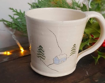 Hygge hand-thrown stoneware ceramic "Vinter" winter snowy cottage hot chocolate/coffee mug