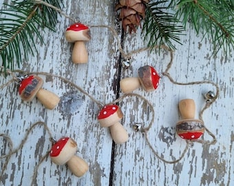 Fly Agaric Toadstool Garland, Red and White Wooden Mushroom Bunting With Bells, Nordic Folklore Fairytale Christmas Decoration, 1.2m