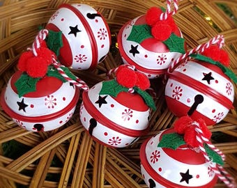 Set of 6 Metal Christmas Bells with Scandi Folk Art, Gingham Cord, Felt Holly Berries (6 cm)