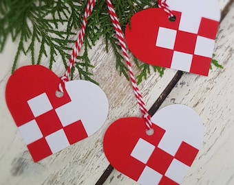 Red Danish Nordic Julehjerte Christmas woven hearts hanging tree ornaments/gift tags