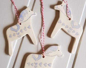 Hygge/Scandi/Nordic/Swedish style hand-made hanging ceramic Dala horse Christmas decoration x 1