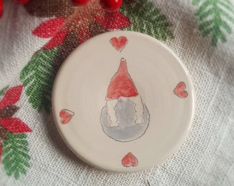 Handmade Stoneware Nisse Coaster, Hand-Painted Nordic Gnome, Christmas Gift
