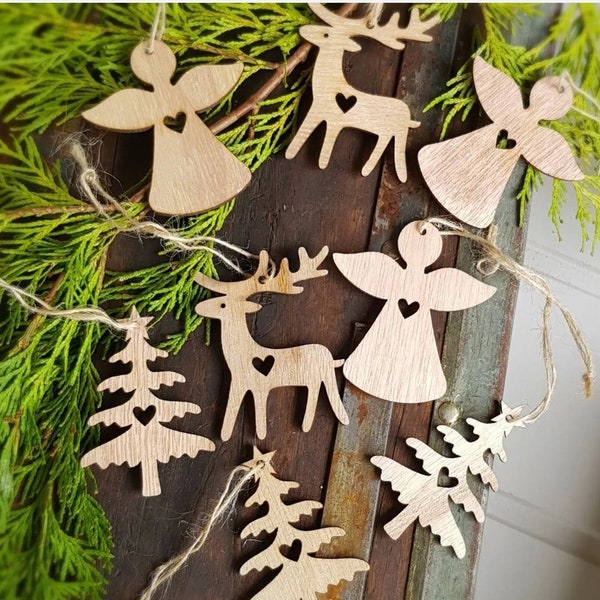 Set of six Danish Nordic Scandi wooden traditional craft Christmas tree ornaments; angel, reindeer, tree