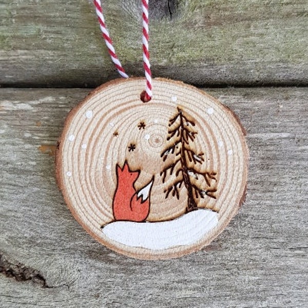 Hand-made wooden fox snowy folklore Christmas ornament bauble