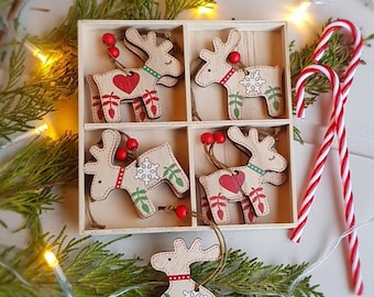 Nordic Wooden Reindeer Ornaments: Scandi Christmas Tree Decor, Set of 8