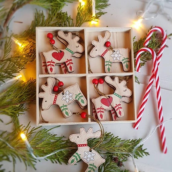 Nordic Wooden Reindeer Ornaments: Scandi Christmas Tree Decor, Set of 8