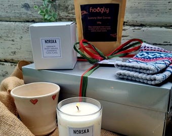 Hygge Gift Set: Hand-Thrown Heart Beaker, Danish Cocoa, Candle, Nordic Socks