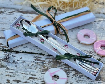 Hand-stamped “tea and cake” vintage silver teaspoon and pastry cake fork, gift boxed, wedding present