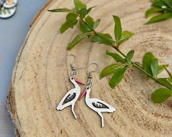 Handpainted Wooden Stork Earrings, Folk Art Wildlife Jewelry