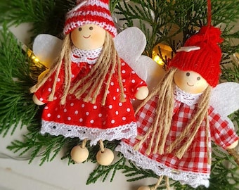 Scandi Wooden Angel Ornaments, Fabric Lace, Polka Dot, Nordic Christmas Decor (Set of 2)