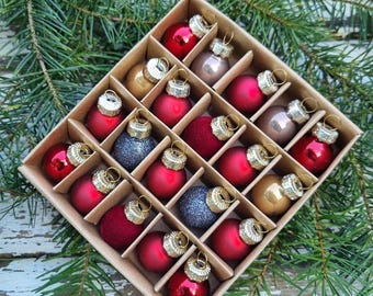 Miniature Glass Christmas Baubles, Gold Red Grey Ornaments (20pc Boxed)
