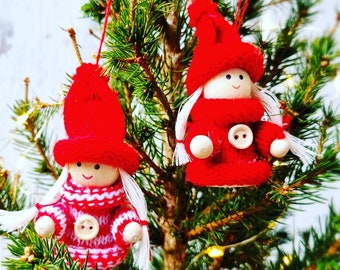 Danish Knitted Nisse Pixie Tree Ornaments, Red Scandi Christmas Decor (Set of 2)