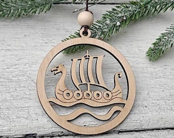 Viking Longship Birch Christmas Decoration, Nordic Christmas Wooden Bauble, Scandi Tree Ornament, Norse Gift