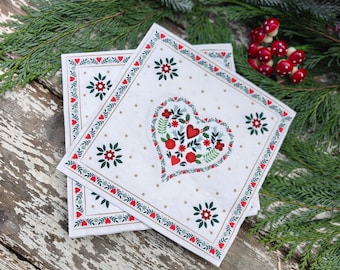 Scandi Folk Art Heart Napkins, 3 Ply Nordic Christmas Serviettes (20 Pack)