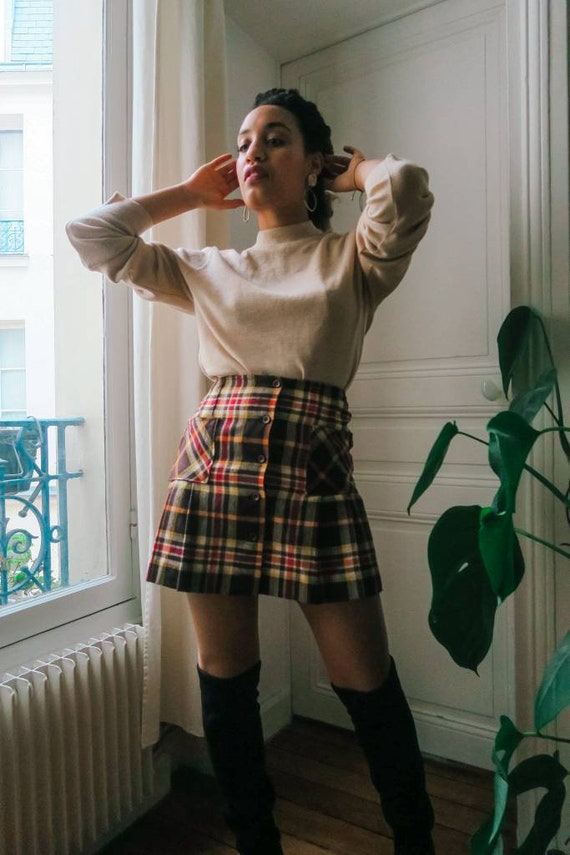 Vintage wool mini skirt, Scottish pattern mini ski