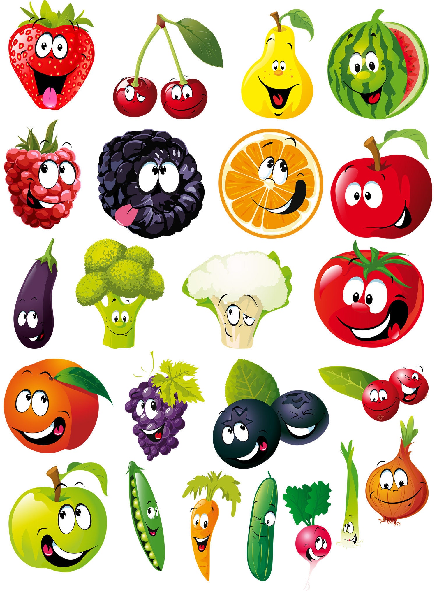 Cartoon Fruits Vegetables Expression SVG Bundle Face ...