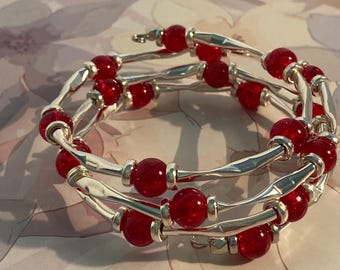 Crystal & Glass Beaded Silver Tone Memory Wire Bracelets, Adjustable Fit, 7 Different Styles