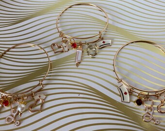 Nurse Themed Gold Tone Expandable Bangle Bracelets with Charms & Bead Dangles