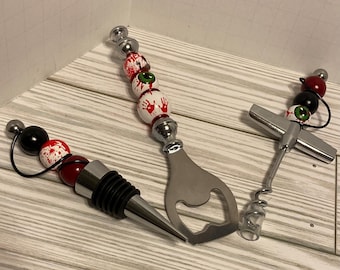 True Crime Barware Set, Beaded Stainless Steel Opener, Corkscrew, Topper