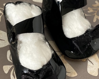 Doll Shoes ~ 2 1/4" x 1" Black Vinyl Shoes with Bow & Side Snap