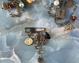Antique Bronze Handmade Beaded Safety Pin Brooch Unique Fashion Accessory Worn on Sweaters, Purses, Collars, Shawls, Pants