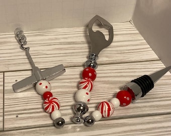 Barware Set ~ 3 Piece Set Beaded Bottle Opener, Corkscrew & Bottle Topper