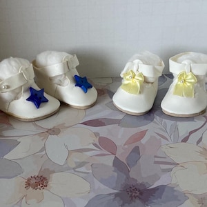 Doll Shoes ~ 2 1/2&quot; x 1 1/2&quot; Customized pair of white side button shoes, blue flower/bows/hearts/button accents