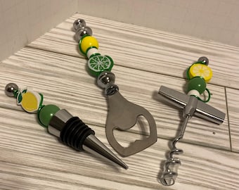 Citrus Beaded Barware Set, Stainless Steel Bottle Opener, Corkscrew & Wine Topper