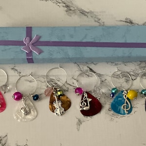 Wine Charms - Musical Themed with Guitar Picks and Silver Instrument Charms