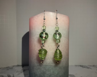 Earrings - Light Green Wire Wrapped Beaded Earrings