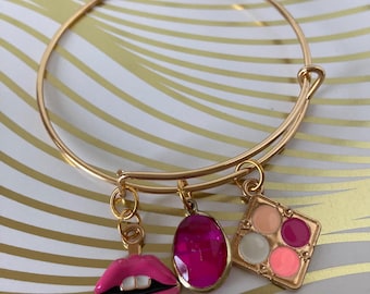 Girly Girl Themed Gold Tone Expandable Bangle Bracelets with Charms & Bead Dangles