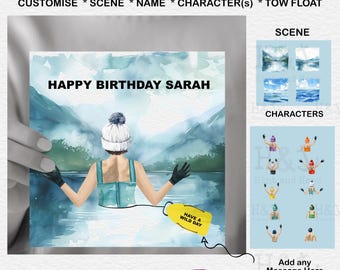 May include: A personalized birthday card for open water swimming. The card features a watercolor illustration of a swimmer in a lake with mountains in the background. The text "HAPPY BIRTHDAY SARAH" is displayed. Includes options for customization and a tow float.