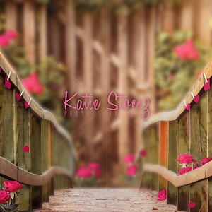 Spring flower Bridge Digital Backdrop with hearts and roses
