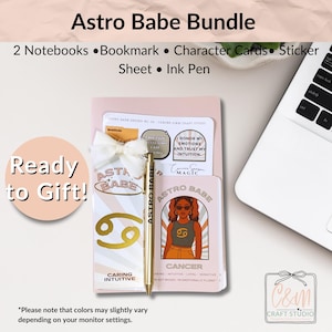 Conjunto de Presentes do Zodíaco Câncer – Pacote Astro Babe com Cadernos, Adesivos, Marcador de Página, Cartões de Personagens e Caneta Tinta | Edição Blush ou Azul Litorâneo