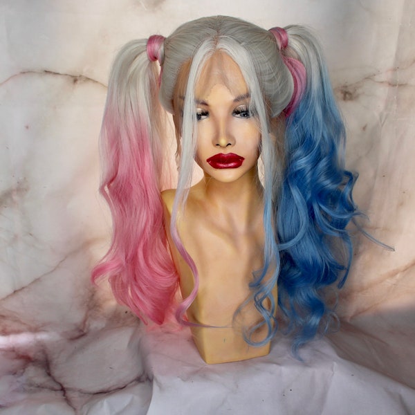 Peluca frontal de encaje Harley / Peluca frontal de encaje rosa y azul / Peluca Quinn / Peluca de cosplay / Disfraz de Harley / Cosplay de Harley