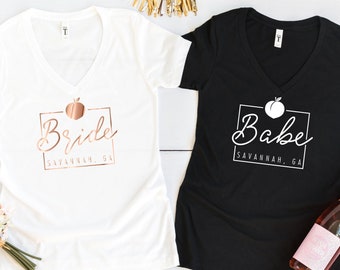 Bachelorette Party Shirts - Savannah - Women's Fitted V Neck Shirt - Peach Georgia Bachelorette Southern Trip Peachtree Glamorous