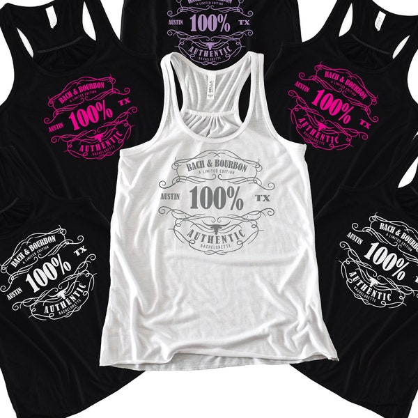 Bachelorette Party Tanks - Austin - Bach & Bourbon - Women's  Flowy Racerback Tank - Texas Long Bachelorette Trip Southern Boots Whiskey